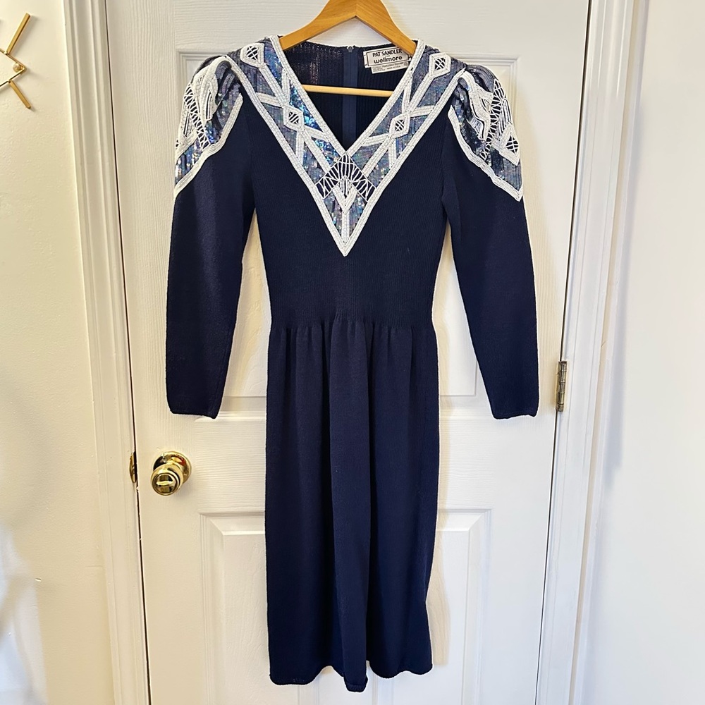 Vintage sequin detail sweater dress. Navy blue. Gorgeous dress!! Size 14